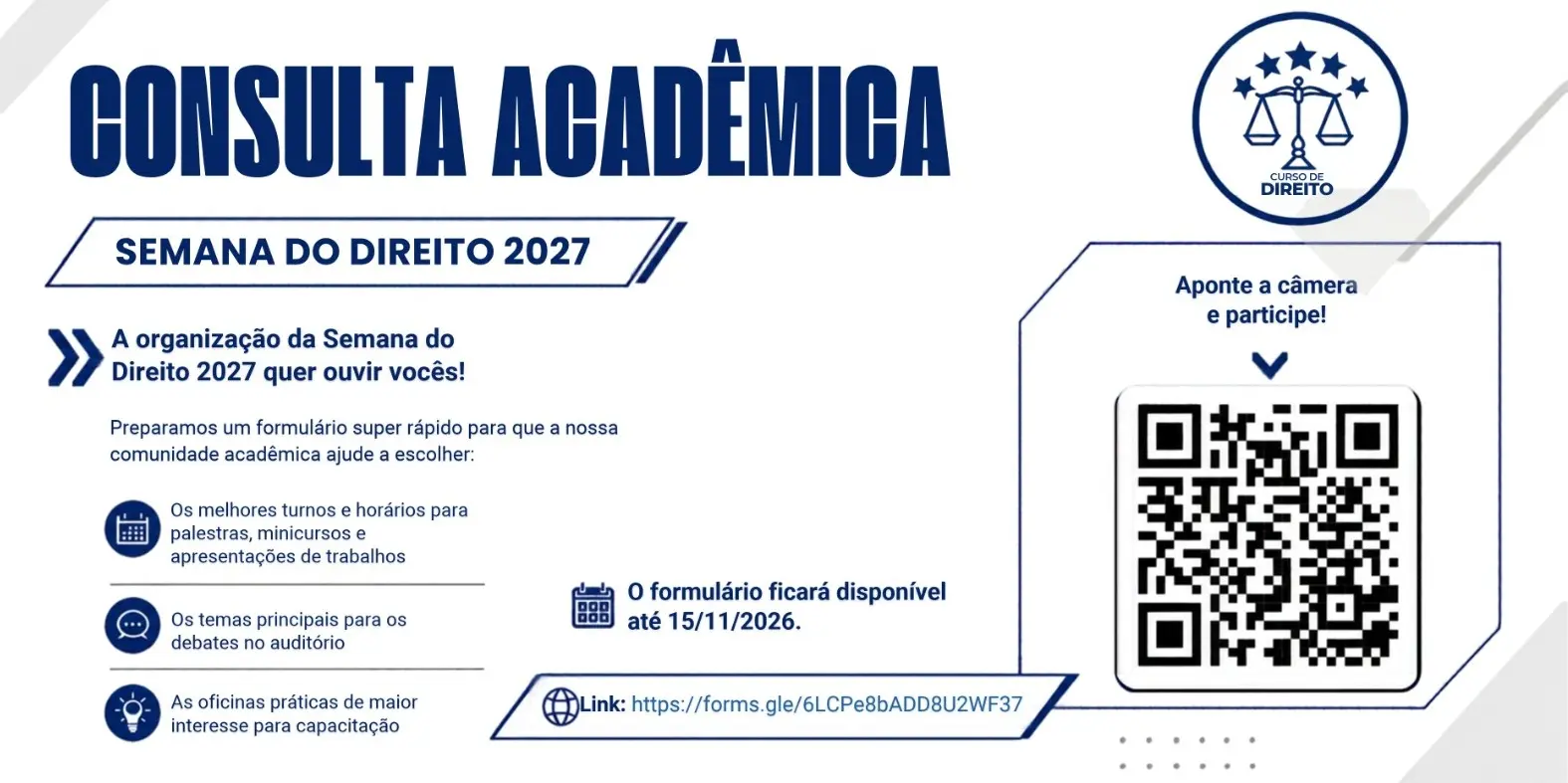 Curso de Direito da F5 abre consulta acadêmica para definir programação da Semana do Direito 2027